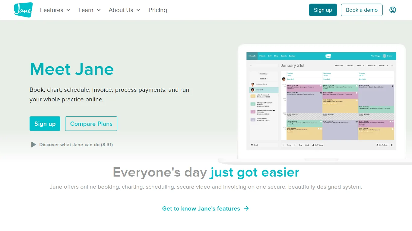 Jane App software screenshot